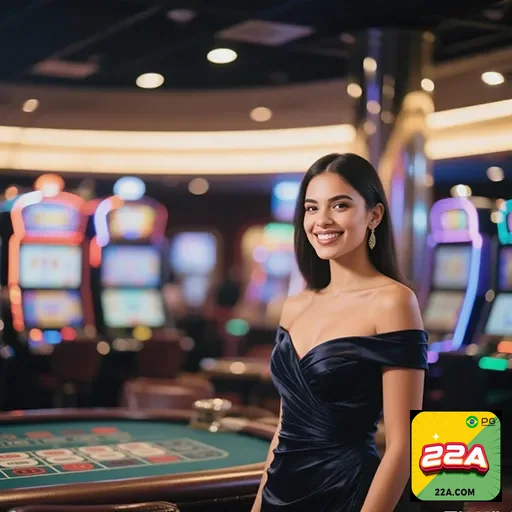 Imagem de um cassino iluminado com o destaque para o site 22a, referência a diversão e jogos de azar.